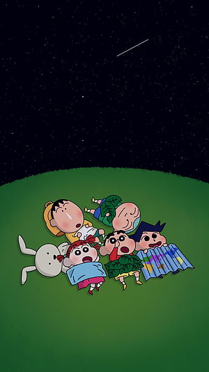 Crayon Shin-chan Friends Lying on Grass Under Starry Night Sky HD phone wallpaper