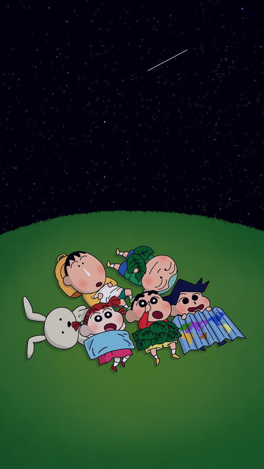 Crayon Shin-chan Friends Lying on Grass Under Starry Night Sky HD phone wallpaper