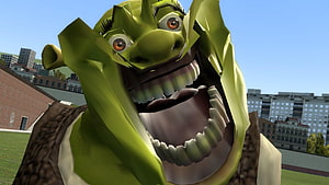 Shrek Meme Character With Wide Open Mouth In Low Poly 3D City Environment HD wallpaper