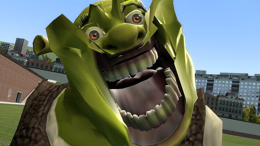Shrek Meme Character With Wide Open Mouth In Low Poly 3D City Environment HD wallpaper