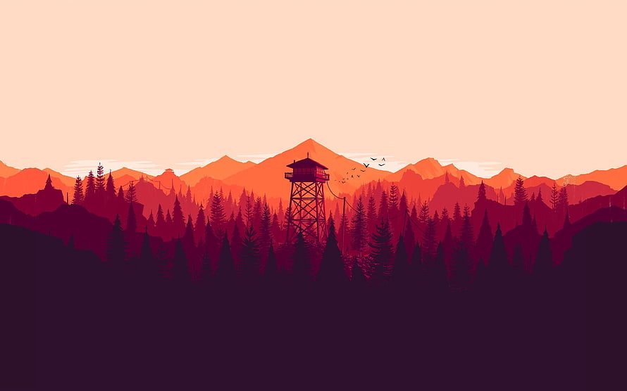 Minimalist Fire Tower Silhouette in Pine Forest at Sunset with Layered Mountain Ranges HD wallpaper