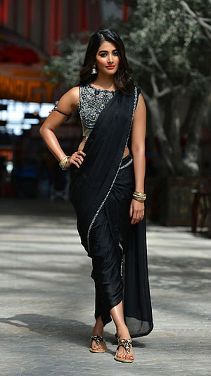 Pooja Hegde in Black Saree with Embellished Blouse and Gold Jewelry HD phone wallpaper