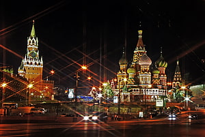 St. Basil's Cathedral and Spasskaya Tower Illuminated at Night in Moscow Red Square HD wallpaper