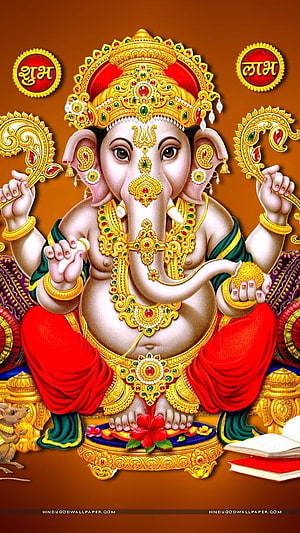 Maha Ganpati Digital Art with Golden Ornaments and Red Dhoti HD phone wallpaper