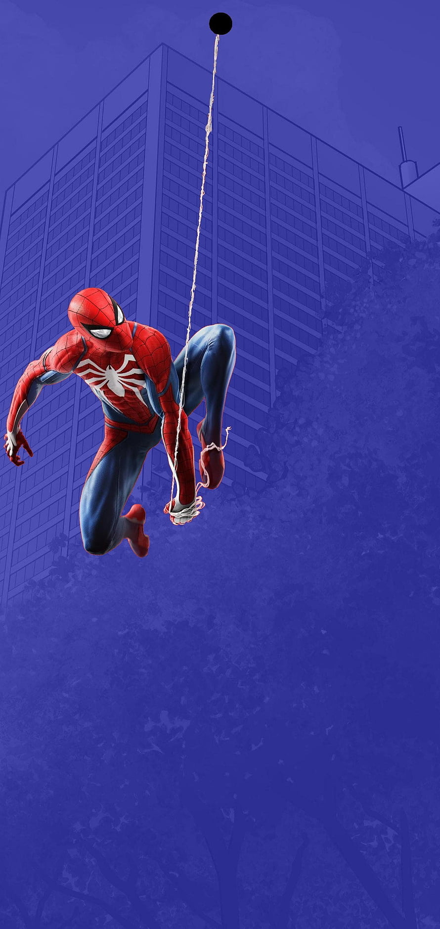 Spider-Man Swinging Through a Blue-Tinted Cityscape With Web Line and Skyscraper Background HD phone wallpaper