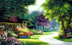 Serene Garden Path Lined With Colorful Flowers And A Distant Gazebo HD wallpaper