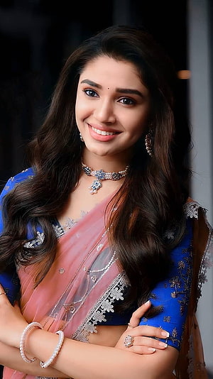 Krithi Shetty in a Blue and Pink Saree with Traditional Jewelry HD phone wallpaper