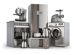 Stainless Steel Kitchen Appliance Collection Featuring Refrigerator, Oven, Microwave, Blender, Kettle, and Washing Machine HD wallpaper