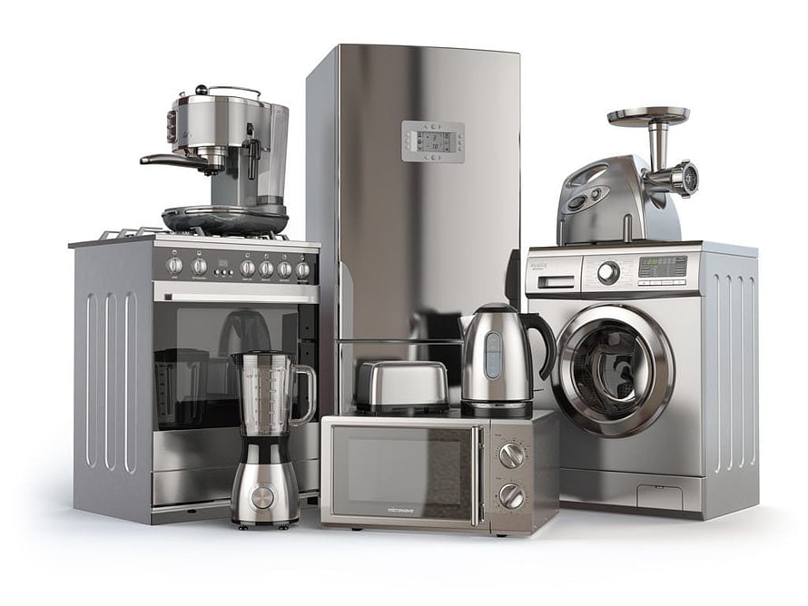 Stainless Steel Kitchen Appliance Collection Featuring Refrigerator, Oven, Microwave, Blender, Kettle, and Washing Machine HD wallpaper