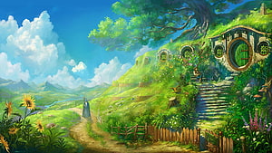 Whimsical Hobbiton Hillside Village with Round Doors and Lush Greenery HD wallpaper