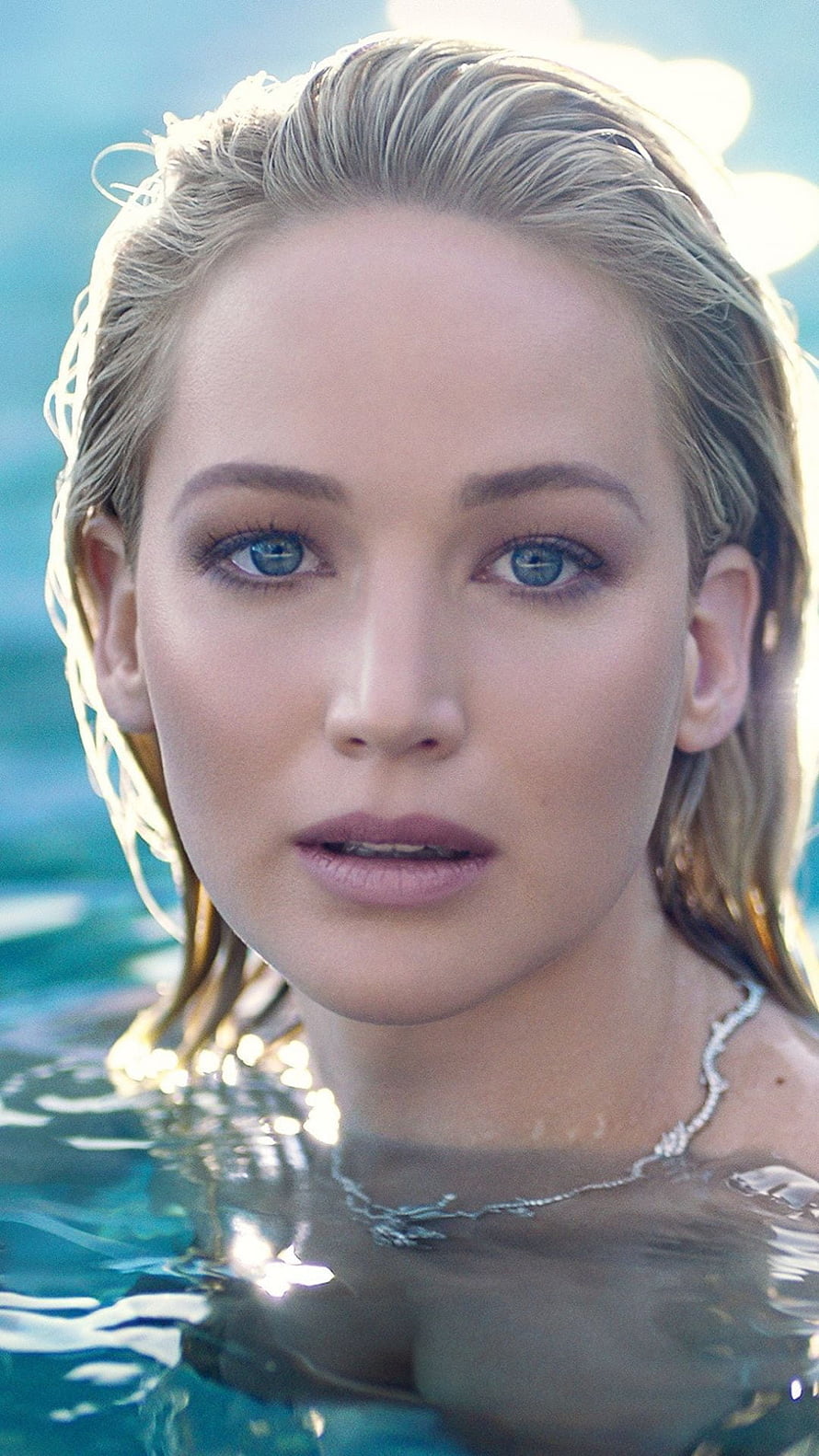 Jennifer Lawrence Close-Up Portrait in Water with Wet Blonde Hair and Blue Eyes HD phone wallpaper