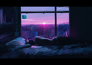 Cyberpunk Bedroom Scene With Figure Lying On Bed Facing Neon City Sunset Through Window HD wallpaper