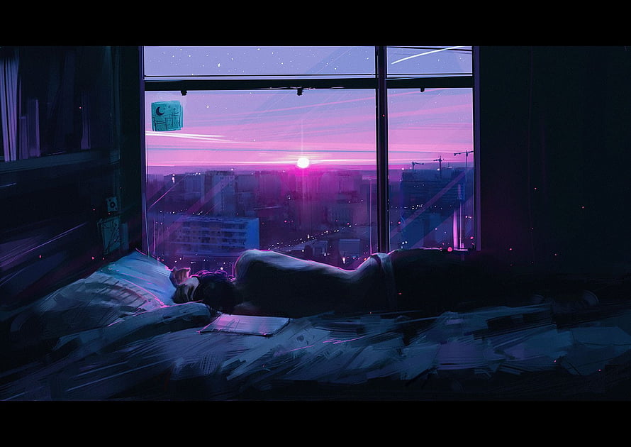 Cyberpunk Bedroom Scene With Figure Lying On Bed Facing Neon City Sunset Through Window HD wallpaper