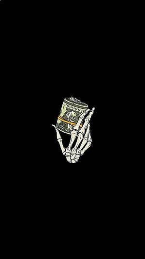 Skeletal Hand Holding a Roll of US Dollar Bills on Black Background HD phone wallpaper