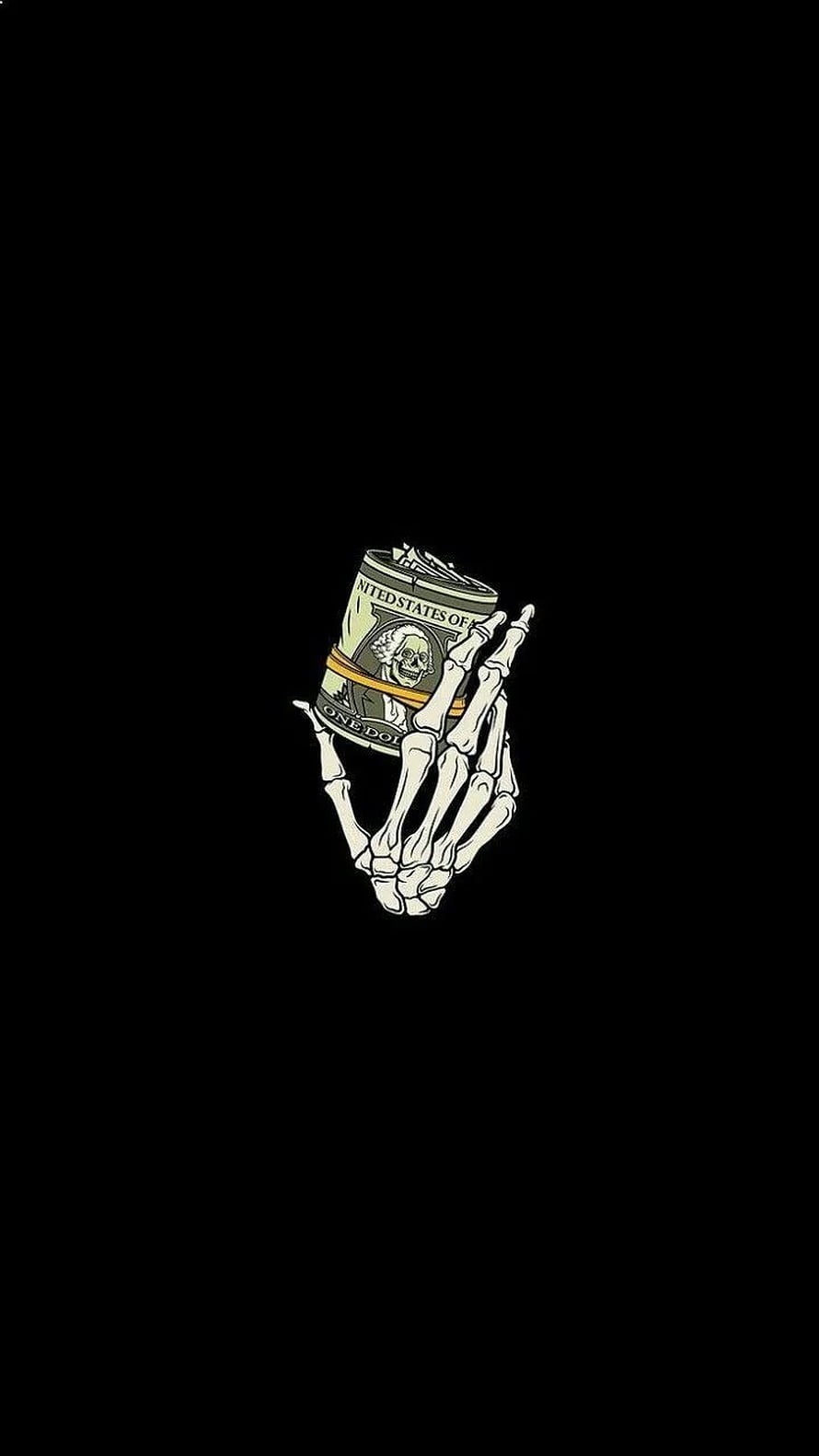Skeletal Hand Holding a Roll of US Dollar Bills on Black Background HD phone wallpaper
