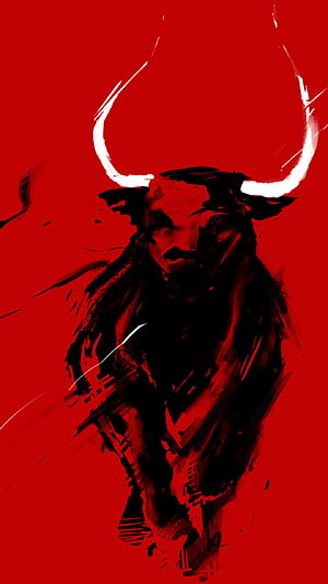 Aggressive Black Bull with White Horns on Bold Red Background HD phone wallpaper