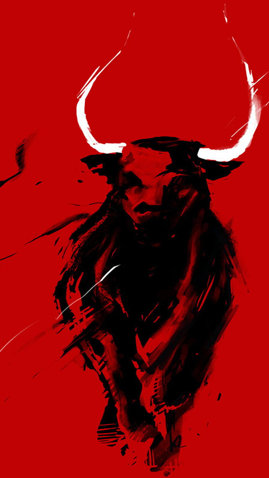 Aggressive Black Bull with White Horns on Bold Red Background HD phone wallpaper