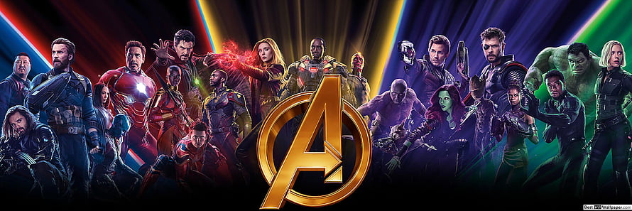 Avengers Infinity War Ensemble Cast Poster With Golden Logo And Dramatic Lighting HD wallpaper