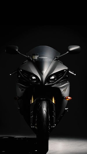 Yamaha R1 Superbike Front View in Matte Black Studio Lighting HD phone wallpaper