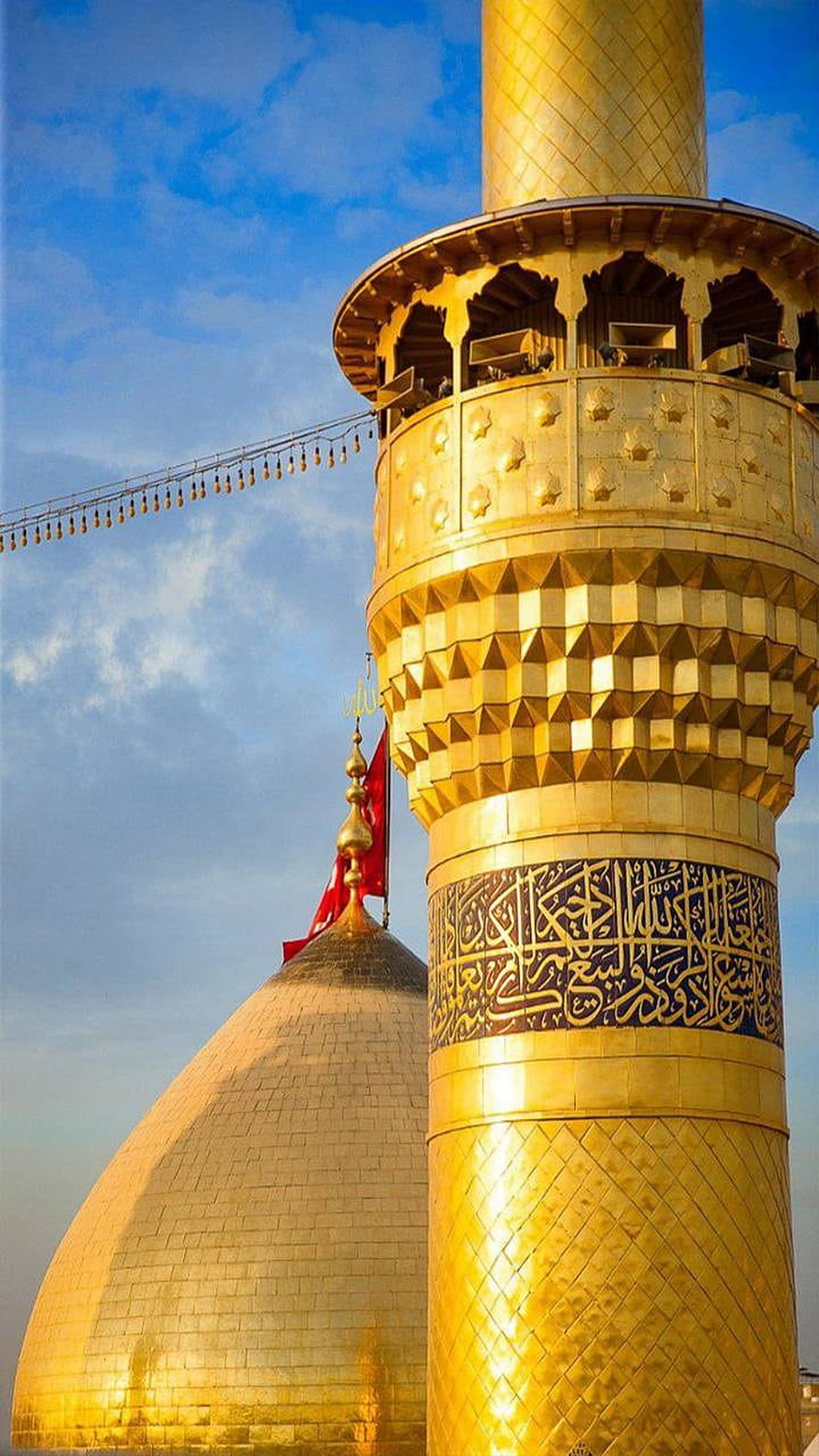 Golden Dome and Minaret of the Imam Husayn Shrine in Karbala, Iraq HD phone wallpaper