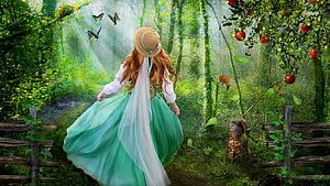 Fantasy Girl in Green Dress Walking Through Enchanted Forest with Butterflies and Deer HD wallpaper