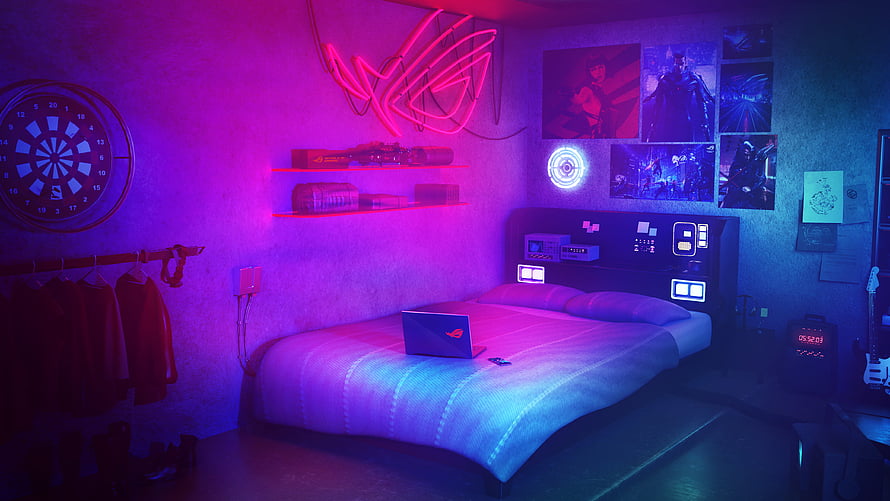 Neon-lit gaming bedroom with ROG logo, darts board, and cyberpunk aesthetic HD wallpaper
