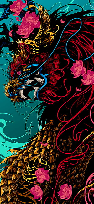 Vibrant Red and Gold Chinese Dragon with Pink Flowers on Teal Background HD phone wallpaper