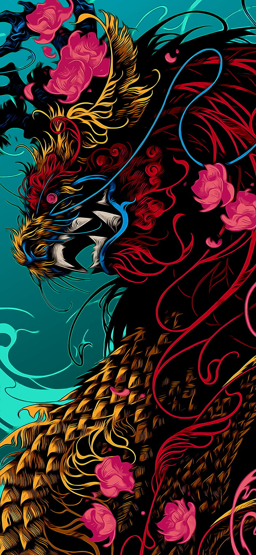 Vibrant Red and Gold Chinese Dragon with Pink Flowers on Teal Background HD phone wallpaper