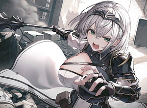 Shirogane Noel Anime Character in Dark Armor Holding a Spear in a Ruined City HD wallpaper