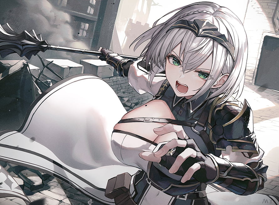 Shirogane Noel Anime Character in Dark Armor Holding a Spear in a Ruined City HD wallpaper