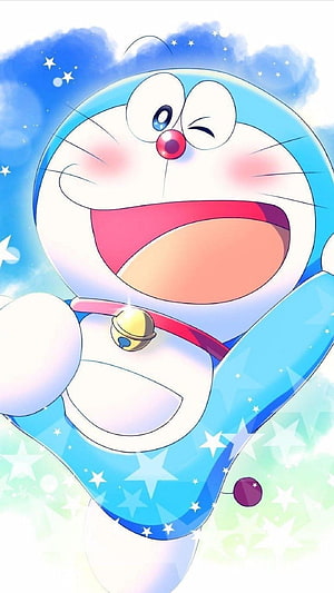 Doraemon Winking With Open Smile Against Starry Blue Sky HD phone wallpaper