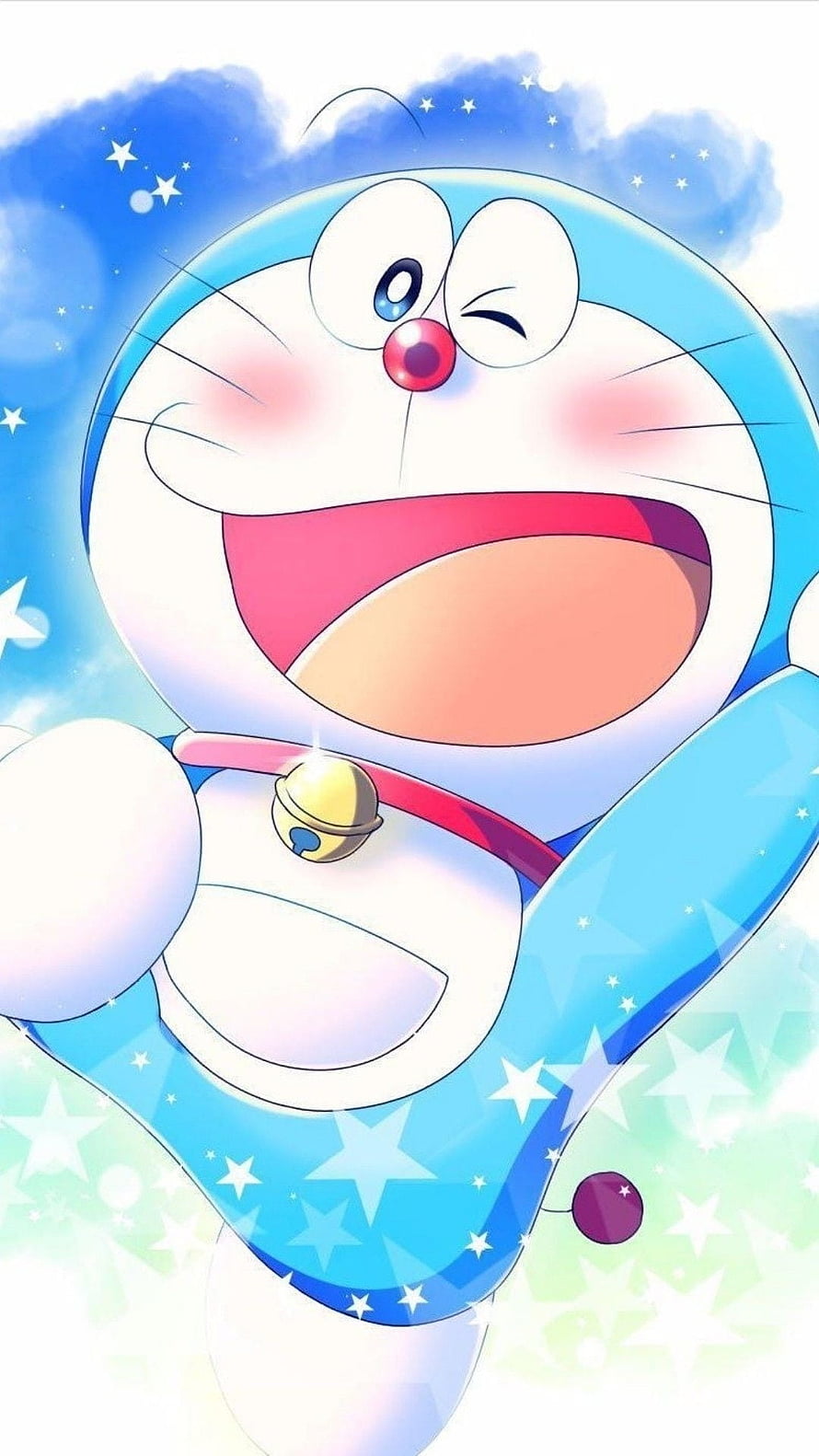 Doraemon Winking With Open Smile Against Starry Blue Sky HD phone wallpaper