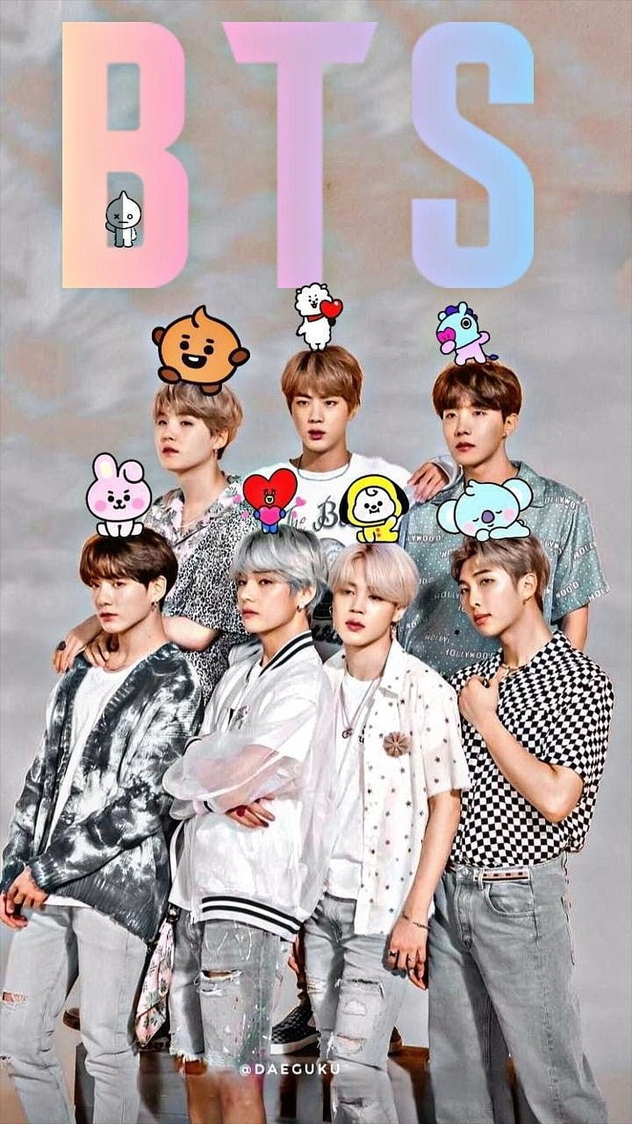 BTS Group Portrait with Cute Cartoon Character Overlays and Pastel Lettering HD phone wallpaper