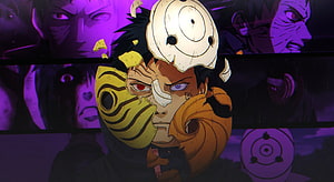 Naruto Obito Uchiha with Broken Mask and Heterochromia in Dark Purple Anime Scene HD wallpaper