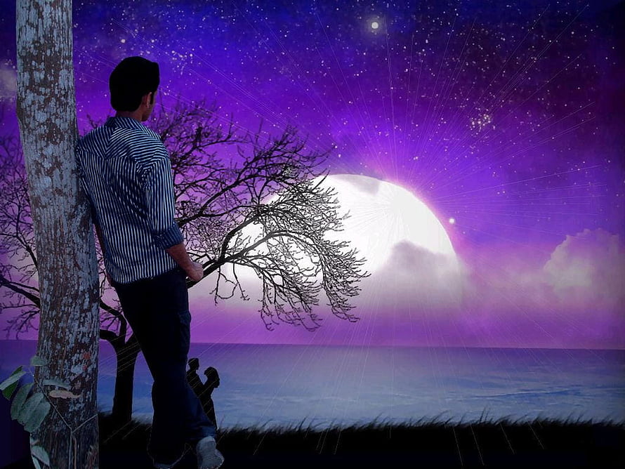 Lone Man Leaning Against Tree Under Purple Starry Night Sky With Full Moon HD wallpaper