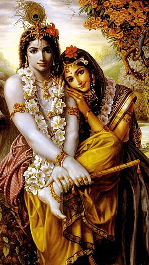 Radha Krishna Devotional Painting with Peacock Crown and Flute in Floral Garden HD phone wallpaper