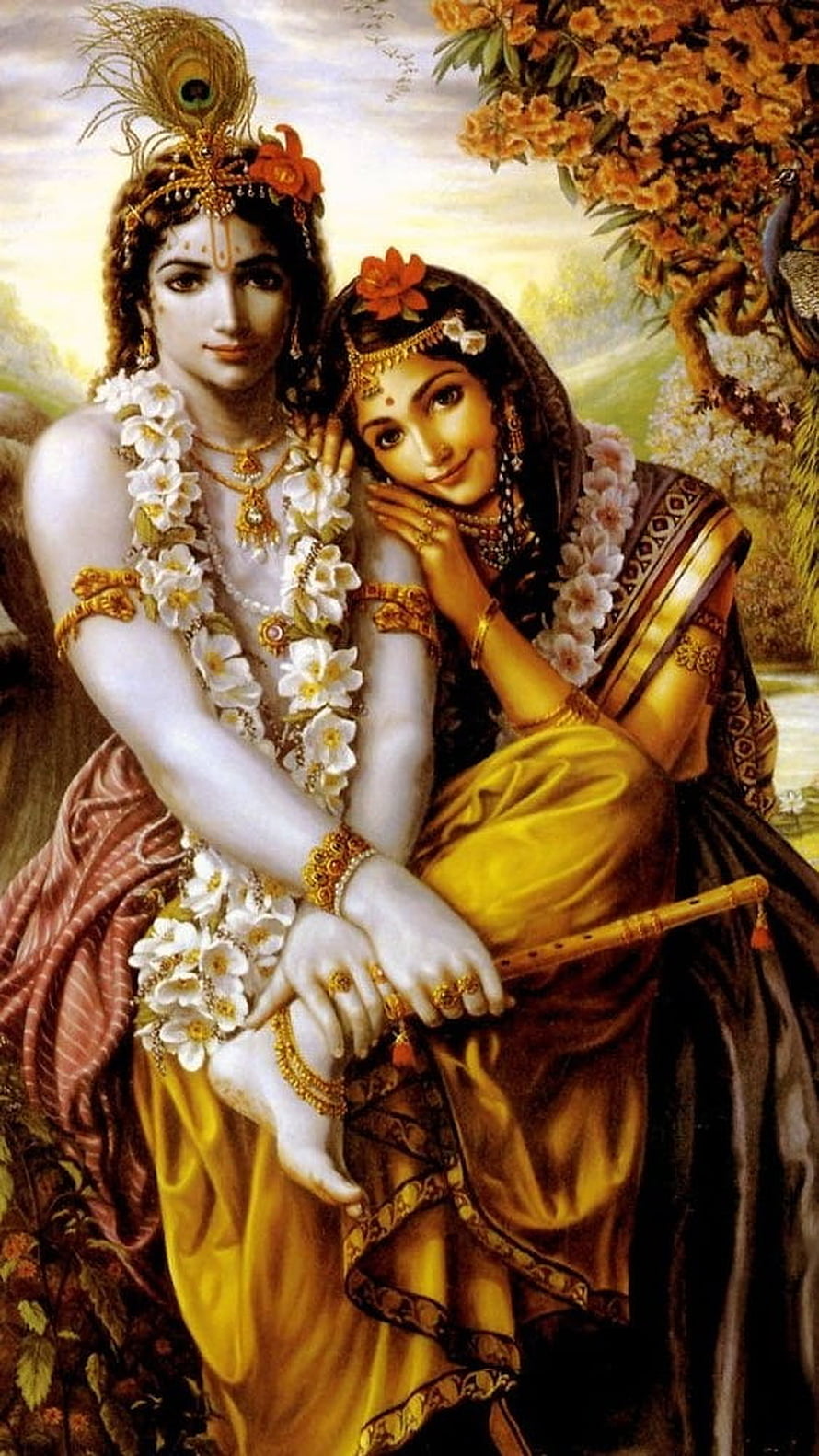 Radha Krishna Devotional Painting with Peacock Crown and Flute in Floral Garden HD phone wallpaper