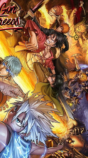 Shonen Heroes Unite: Anime Crossover Battle Scene with Gon, Luffy, and Killua HD phone wallpaper