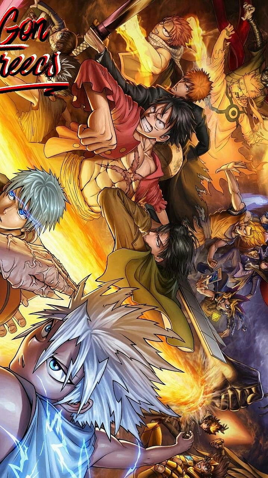 Shonen Heroes Unite: Anime Crossover Battle Scene with Gon, Luffy, and Killua HD phone wallpaper