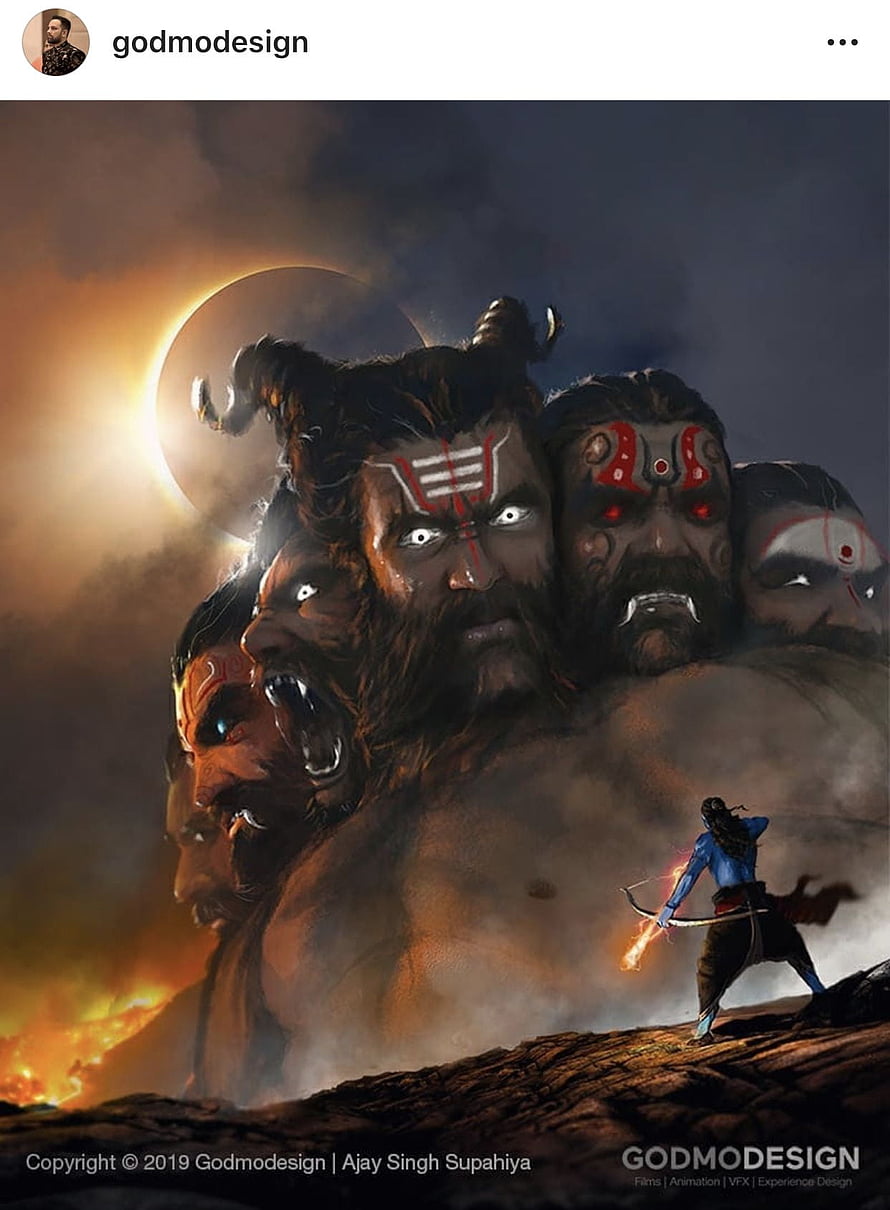 Ravana Concept Art: Multi-Headed Demon King Confronting Archer in Epic Fantasy Illustration HD phone wallpaper