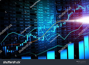 Blue Financial Candlestick Chart with Rising Trend Lines and Market Data Grid HD wallpaper