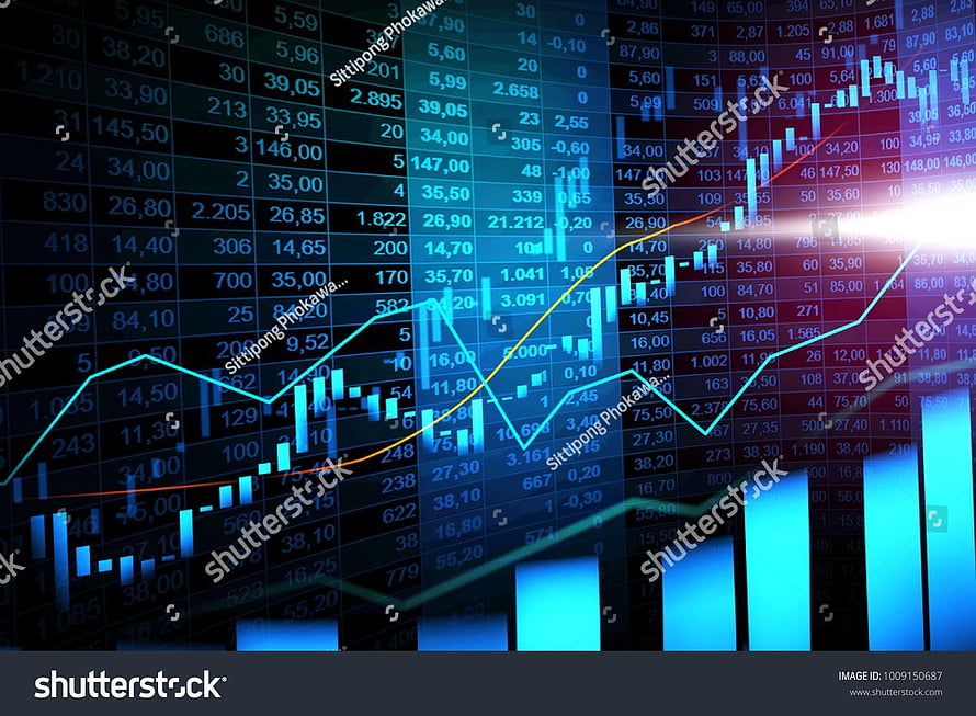 Blue Financial Candlestick Chart with Rising Trend Lines and Market Data Grid HD wallpaper