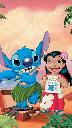 Lilo and Stitch on a tropical beach at sunset with a record player and a child's drawing HD phone wallpaper
