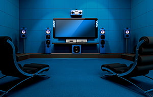 Modern Blue Home Theater Room With Surround Sound Speakers And Flat Screen TV HD wallpaper