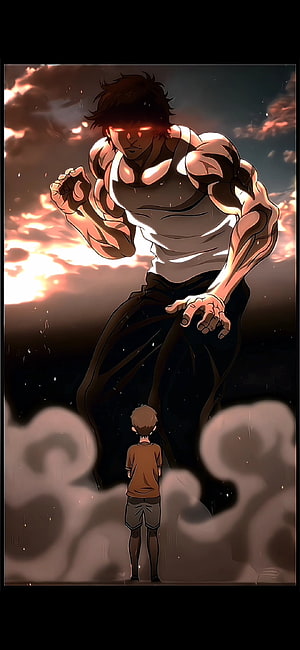 Baki Hanma Anime Illustration: Giant Muscular Hero with Glowing Eyes Towering Over a Boy at Sunset HD phone wallpaper