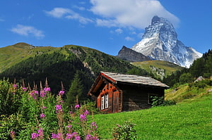 Rustic wooden cabin nestled in a green alpine meadow with the iconic Matterhorn peak rising in the background HD wallpaper