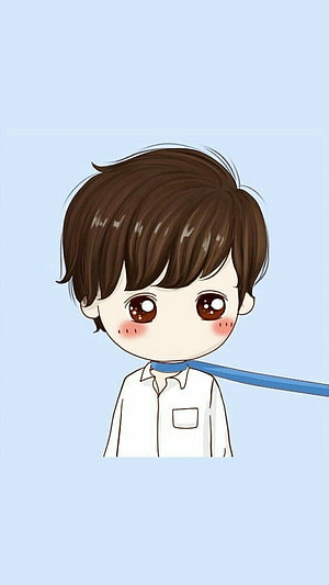 Cute Chibi Boy with Brown Hair and Blue Collar on Light Blue Background HD phone wallpaper