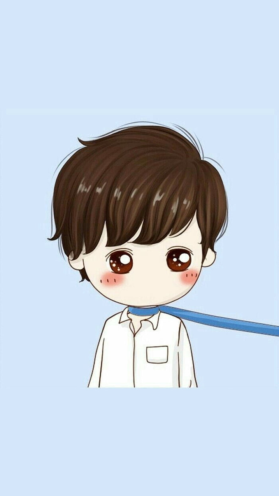 Cute Chibi Boy with Brown Hair and Blue Collar on Light Blue Background HD phone wallpaper