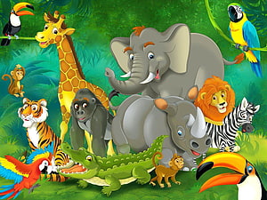 Colorful Cartoon Jungle Animals Including Elephant, Lion, Tiger, and Giraffe in Lush Green Forest HD wallpaper