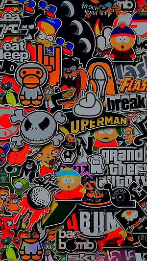 Dense Pop Culture Sticker Bomb Collage with Cartoon Characters and Bold Typography HD phone wallpaper